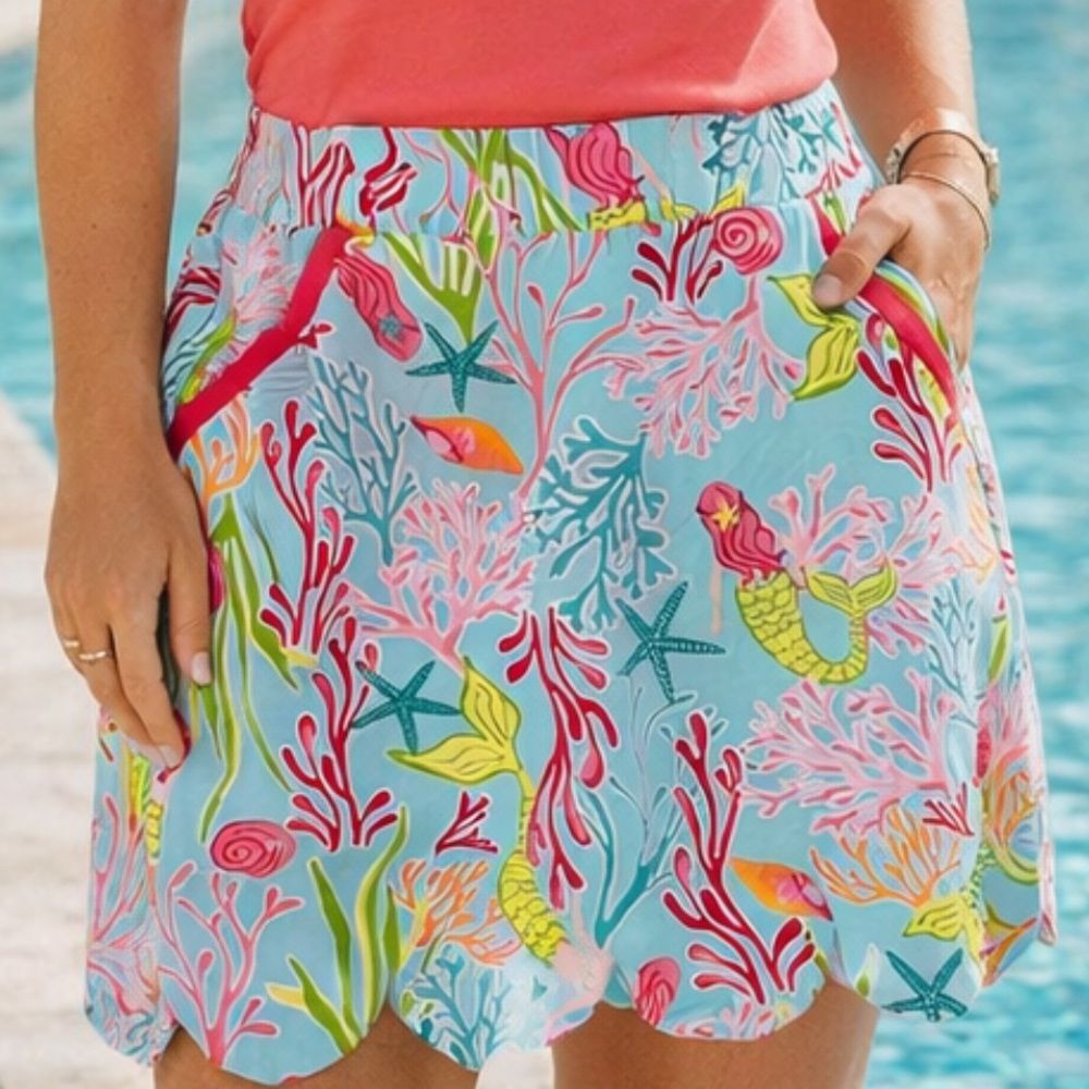 Ana Clare Skort‎ Tropical Mermaid Print Scalloped Hem Golf Tennis Size Small